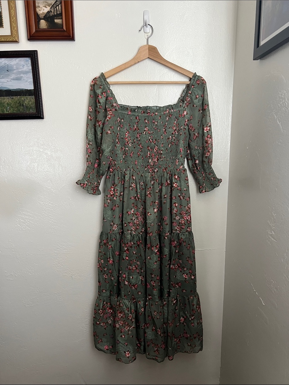 NWT Baltic Born Fabian Jacquard Smocked Square-Neck Floral Midi Dress
